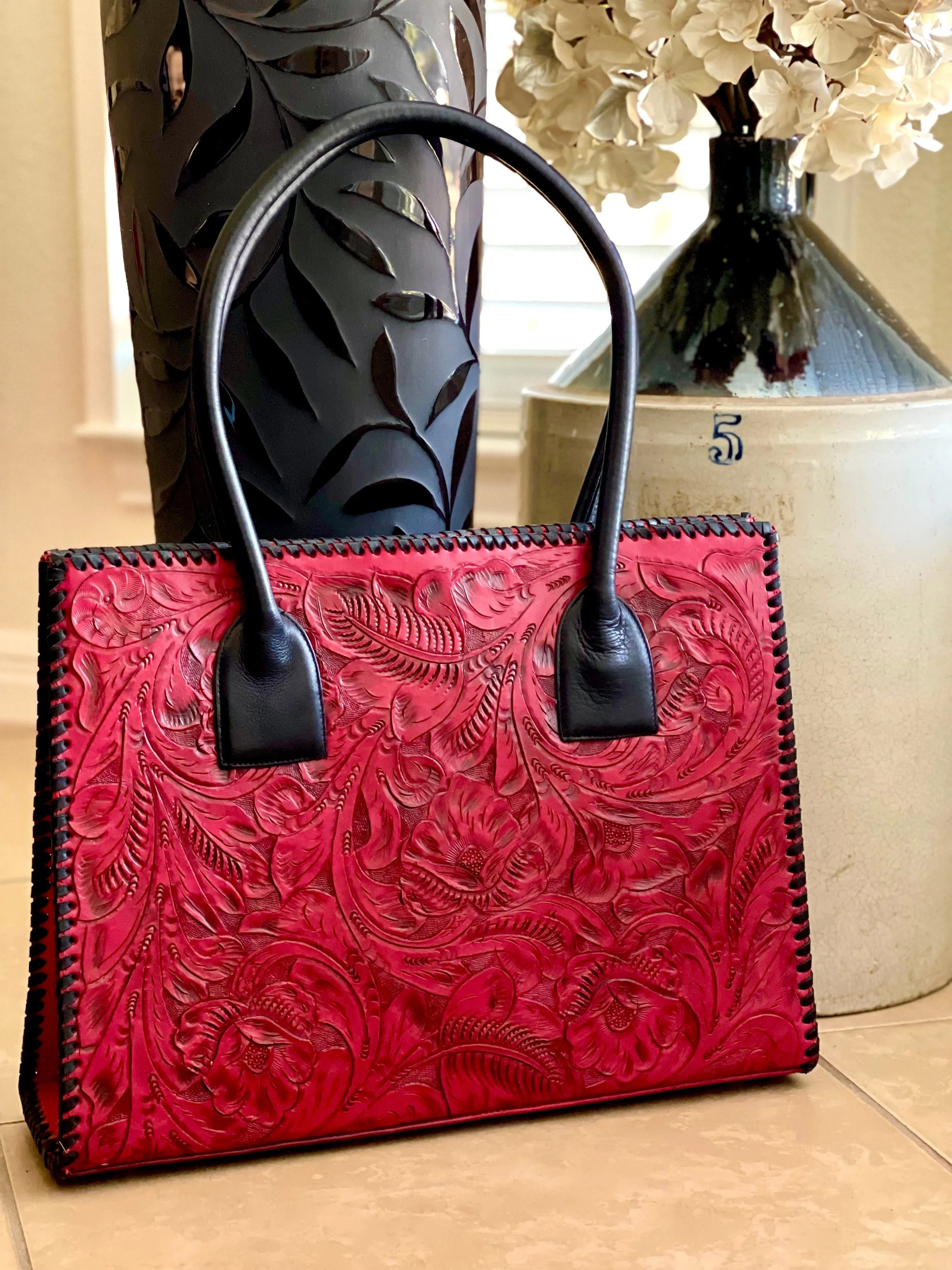 Red Tooled Classic Structured Bag