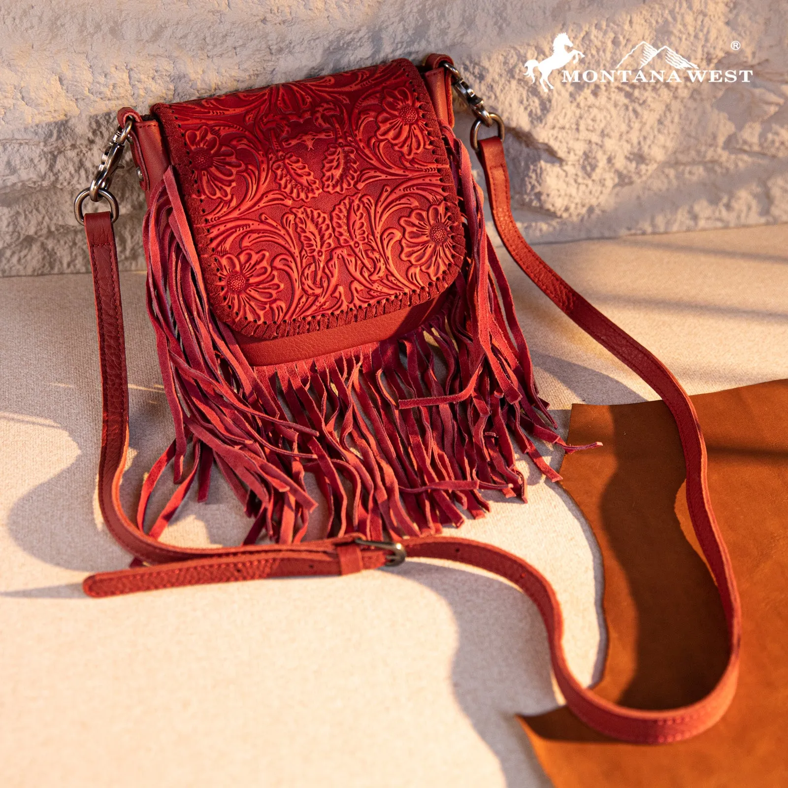 RLC-L187 Montana West Genuine Leather Tooled Fringe Crossbody - Red