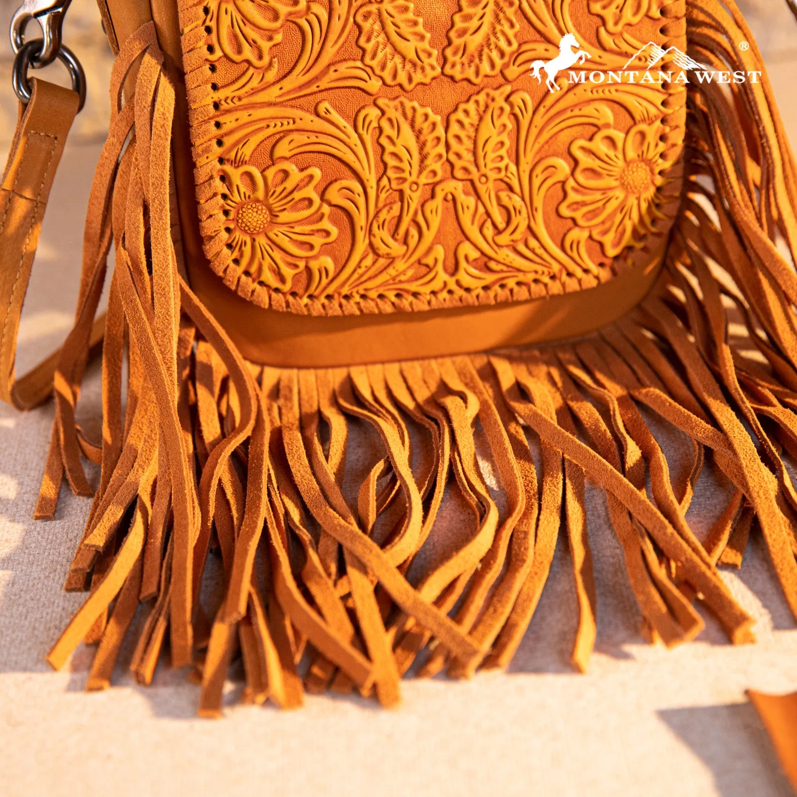 RLC-L187 Montana West Genuine Leather Tooled Fringe Crossbody - Yellow