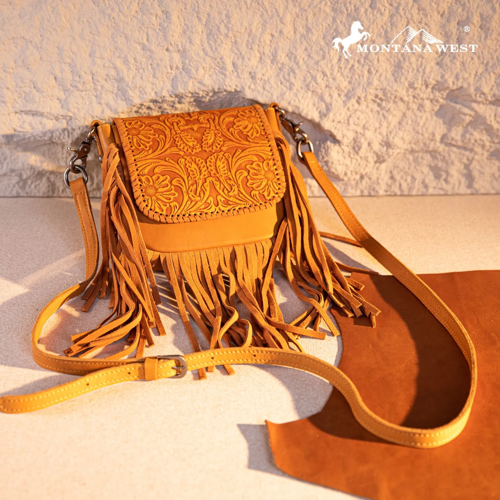 RLC-L187 Montana West Genuine Leather Tooled Fringe Crossbody - Yellow