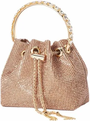 Rose Gold Diamante Bucket Handbag Rhinestone Clutch Purse Evening Wedding