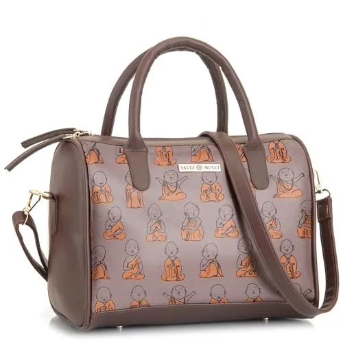 SACCI MUCCI Women's Handbag | Women's Tote Bag | Women's Top-Handle Bags | Women's Satchels | Women's Hobos & Shoulder Bags- Cute Monk Design Print (Brown)