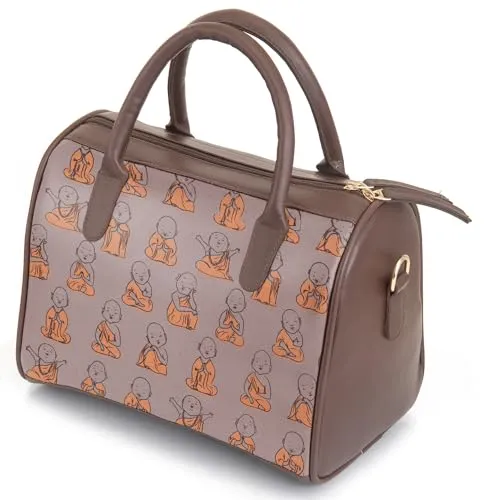 SACCI MUCCI Women's Handbag | Women's Tote Bag | Women's Top-Handle Bags | Women's Satchels | Women's Hobos & Shoulder Bags- Cute Monk Design Print (Brown)