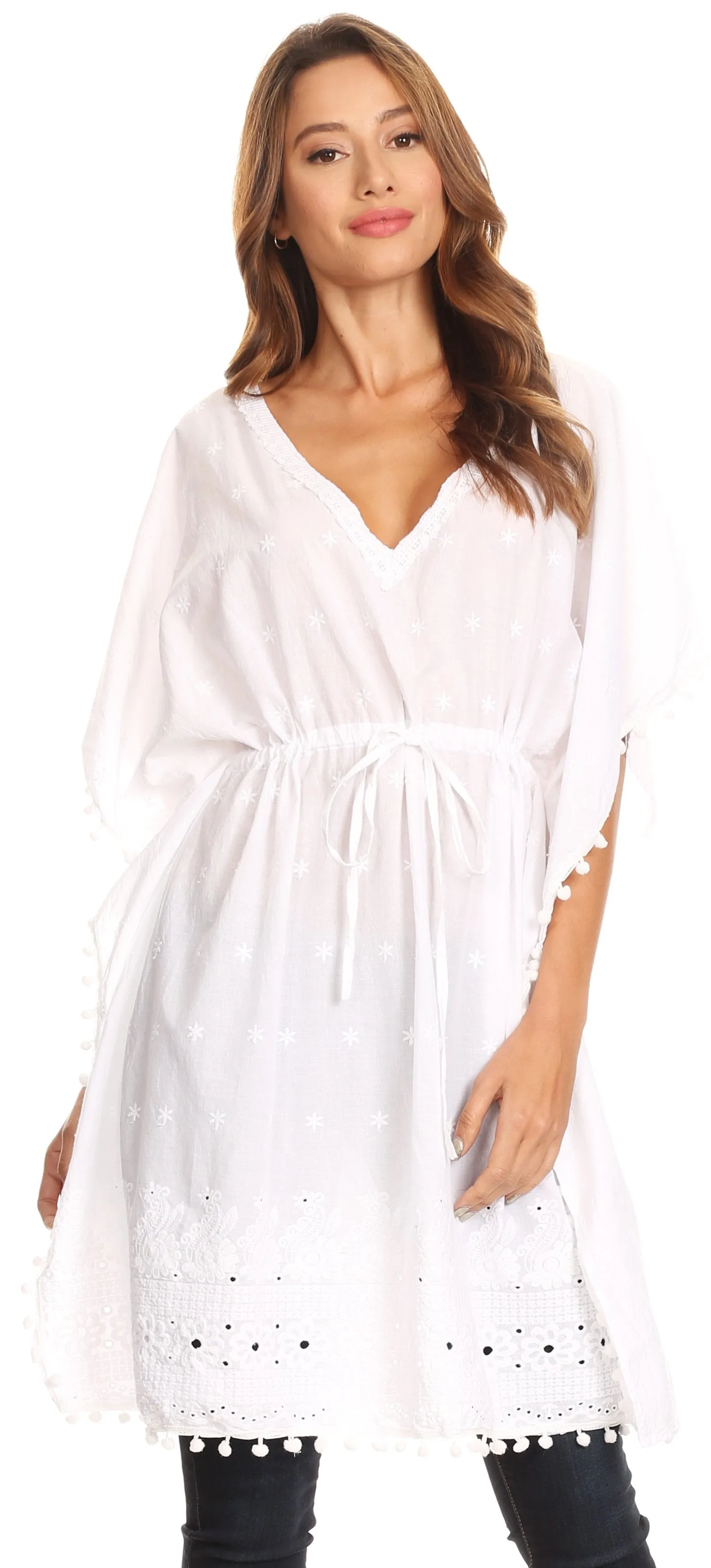 Sakkas Amelia Embroidered Eyelet V-Neck Caftan Cover Up with Drawstring Waist