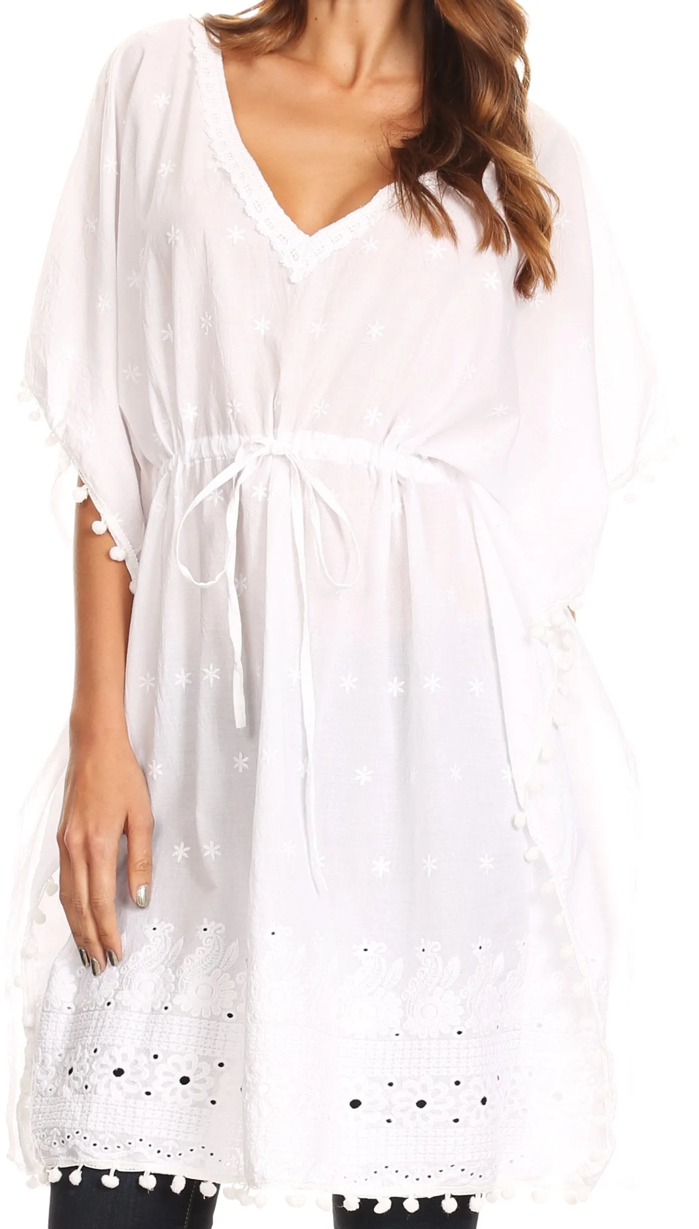 Sakkas Amelia Embroidered Eyelet V-Neck Caftan Cover Up with Drawstring Waist