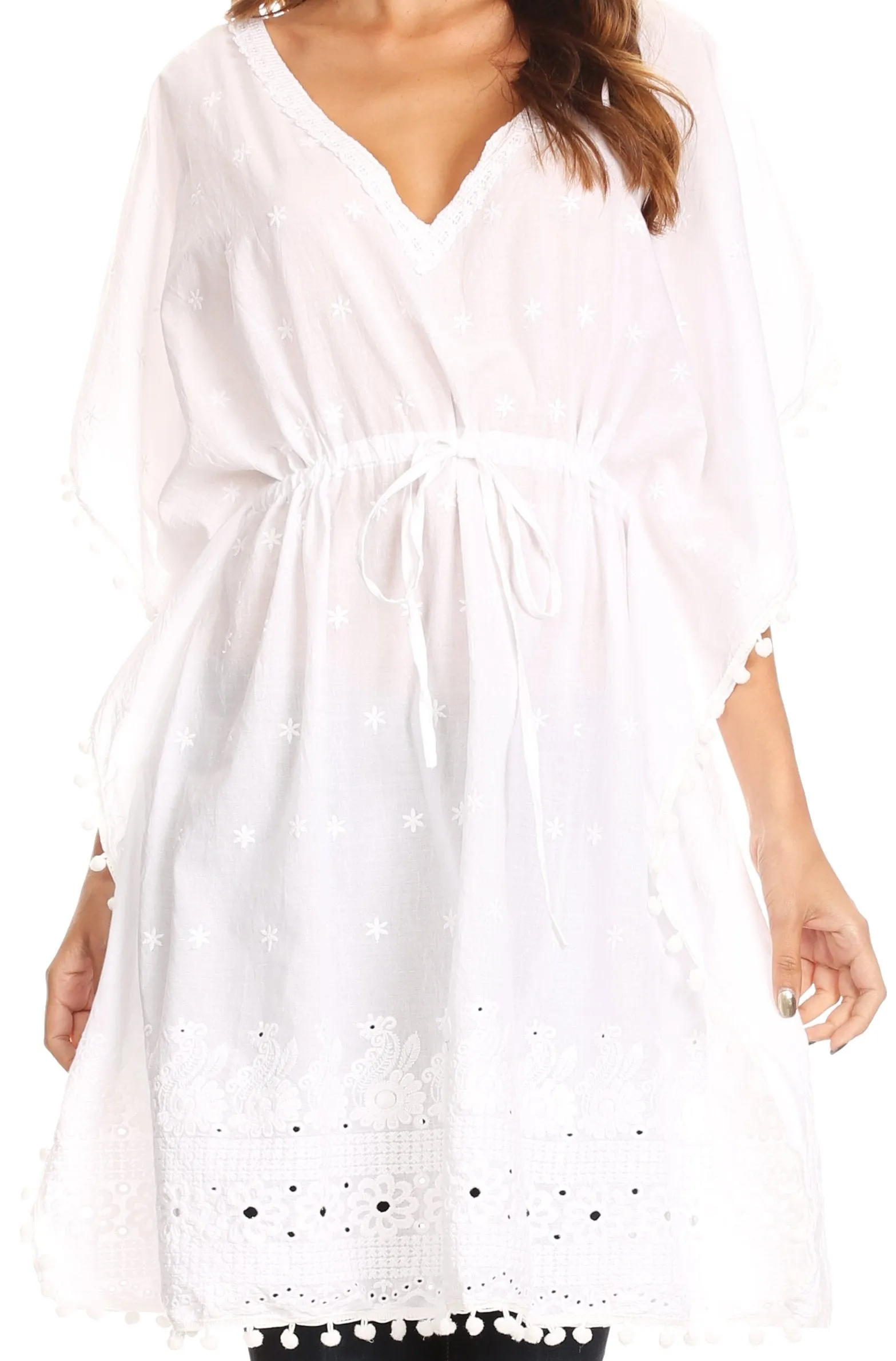 Sakkas Amelia Embroidered Eyelet V-Neck Caftan Cover Up with Drawstring Waist