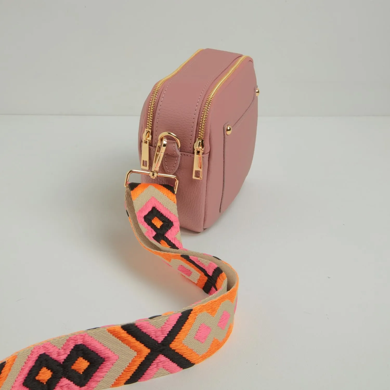 Sienna Crossbody Bag in Antique Pink with Orange and Pink Bohemian Strap