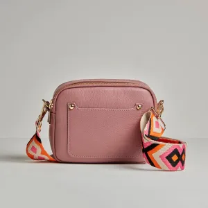 Sienna Crossbody Bag in Antique Pink with Orange and Pink Bohemian Strap