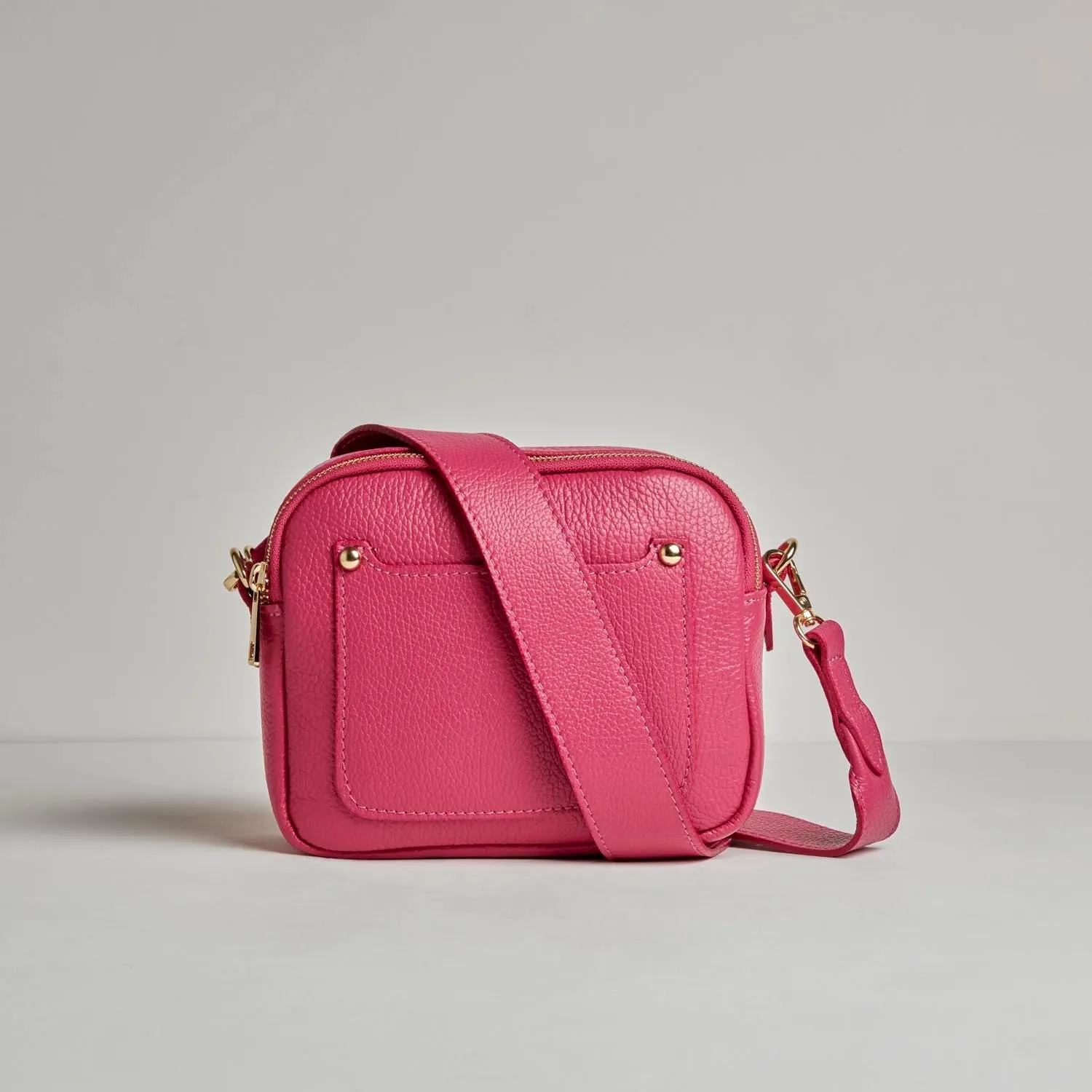 Sienna Crossbody Bag in Fuchsia Pink with Mustard and Pink Bohemian Strap