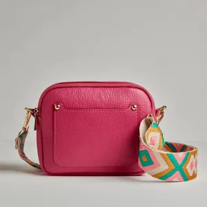 Sienna Crossbody Bag in Fuchsia Pink with Mustard and Pink Bohemian Strap