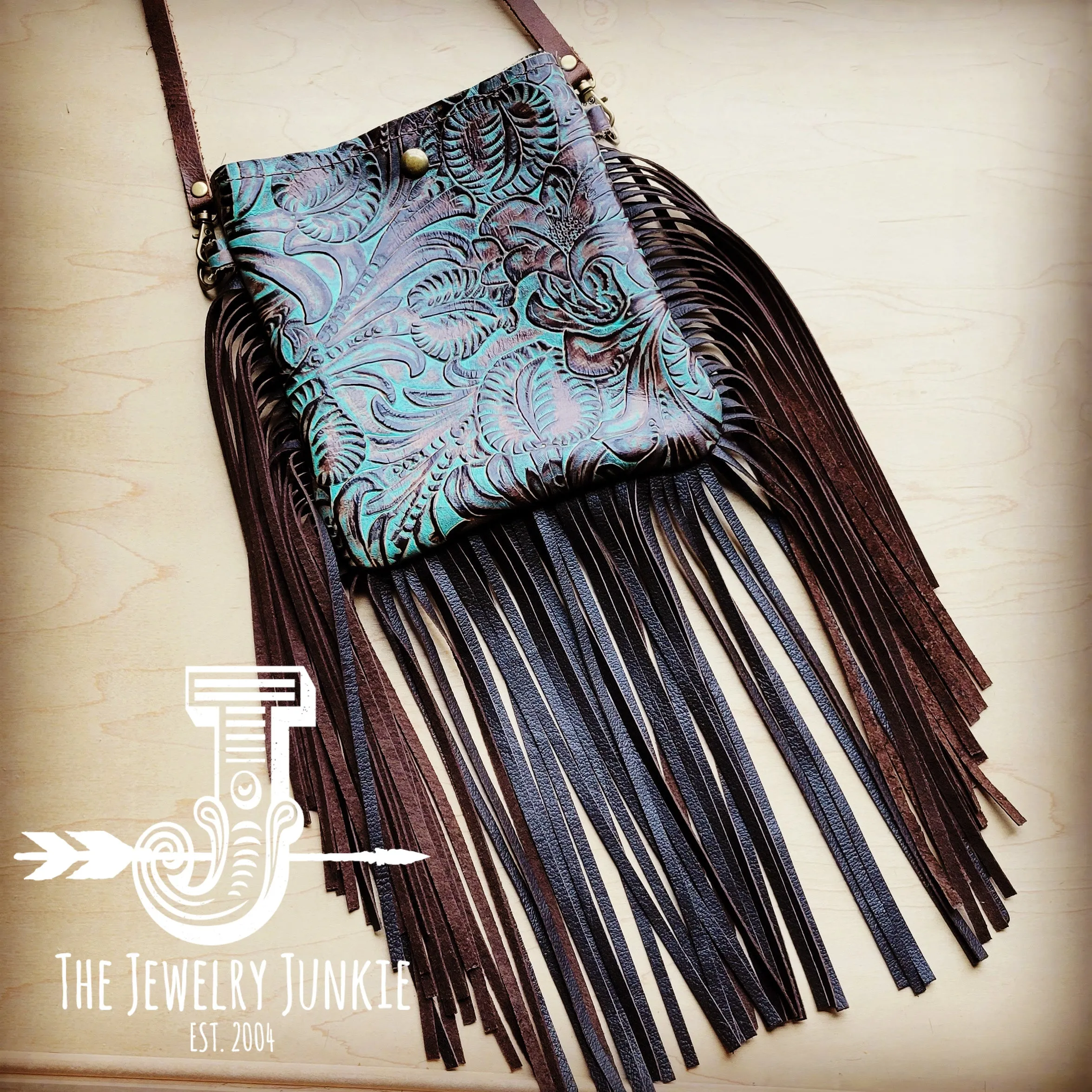 **Small Crossbody Handbag w/ Turquoise Floral Leather Full Fringe 511ii