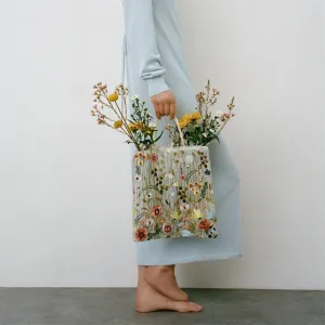 Summer New Style Embroidery Flowers Mesh Shoulder Tote Bags