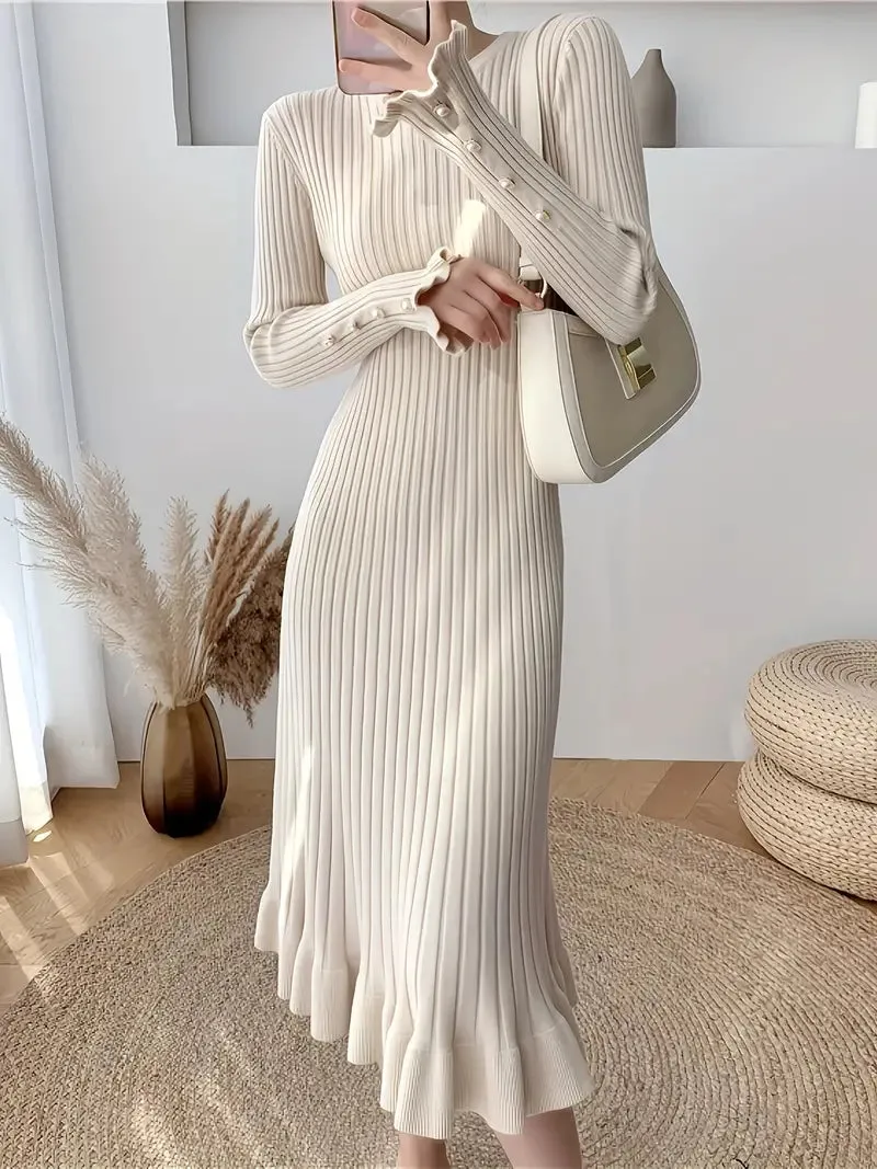 TastyHottie - Long Sleeve Bodycon Ribbed Ruffle Hem Dress