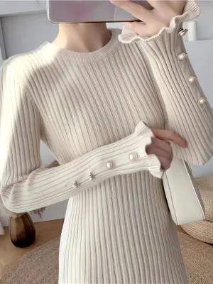 TastyHottie - Long Sleeve Bodycon Ribbed Ruffle Hem Dress