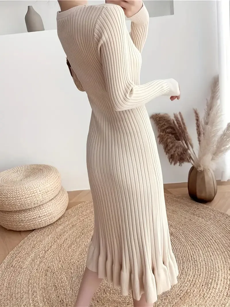 TastyHottie - Long Sleeve Bodycon Ribbed Ruffle Hem Dress