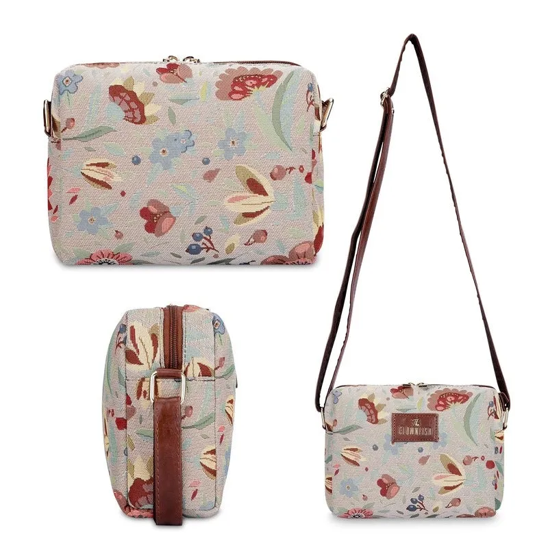 THE CLOWNFISH Combo Of Adelina Series Sling for Women Crossbody Bag for College Girls Lorna Tapestry Fabric & Faux Leather Handbag Sling Bag for Women (Sky Blue-Floral)