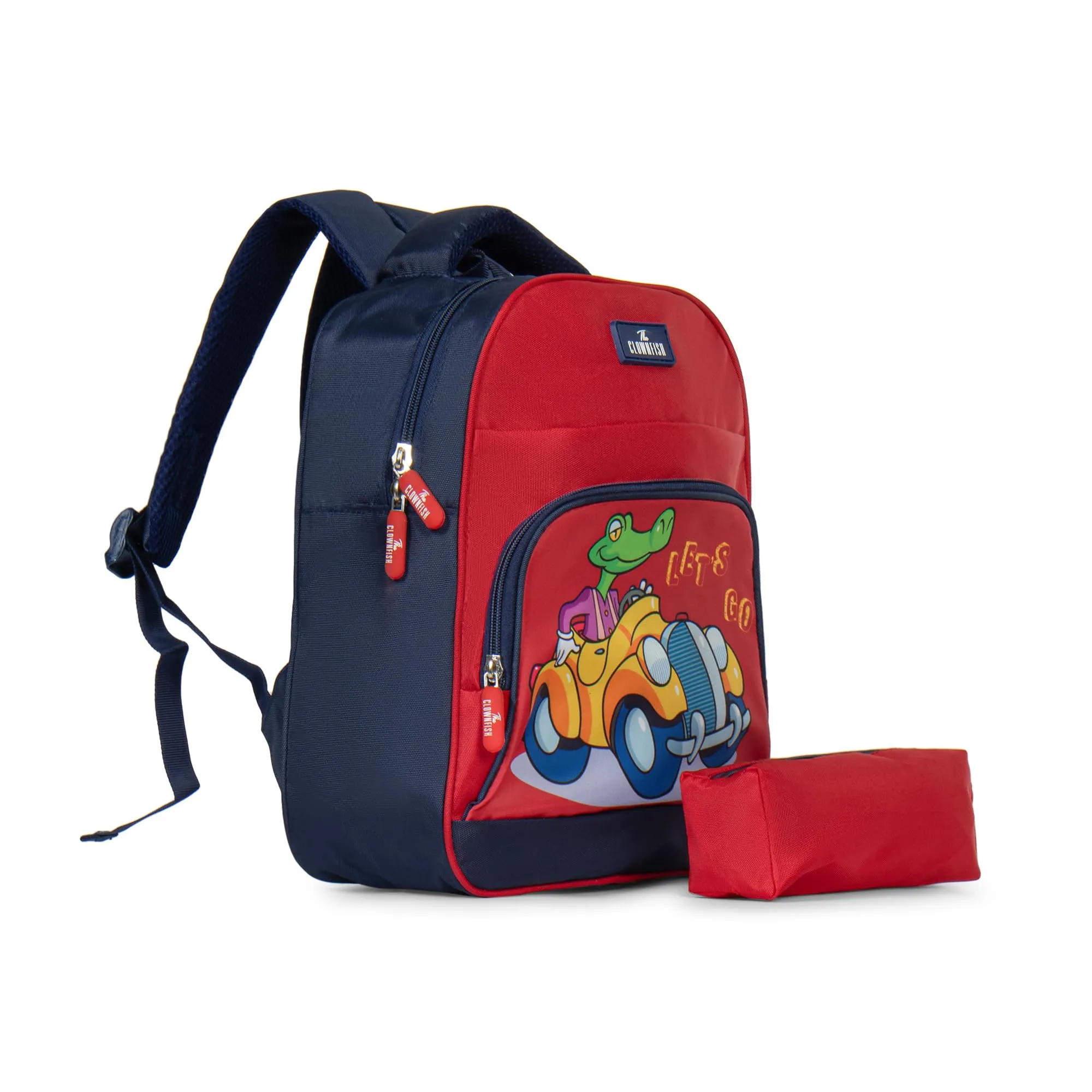 THE CLOWNFISH Mini Explorer Series Printed Polyester 12 Litres Kids Backpack School Bag with Pencil Staionery Pouch Daypack Picnic Bag for Tiny Tots. Age 3-5 Years (Red - Car)