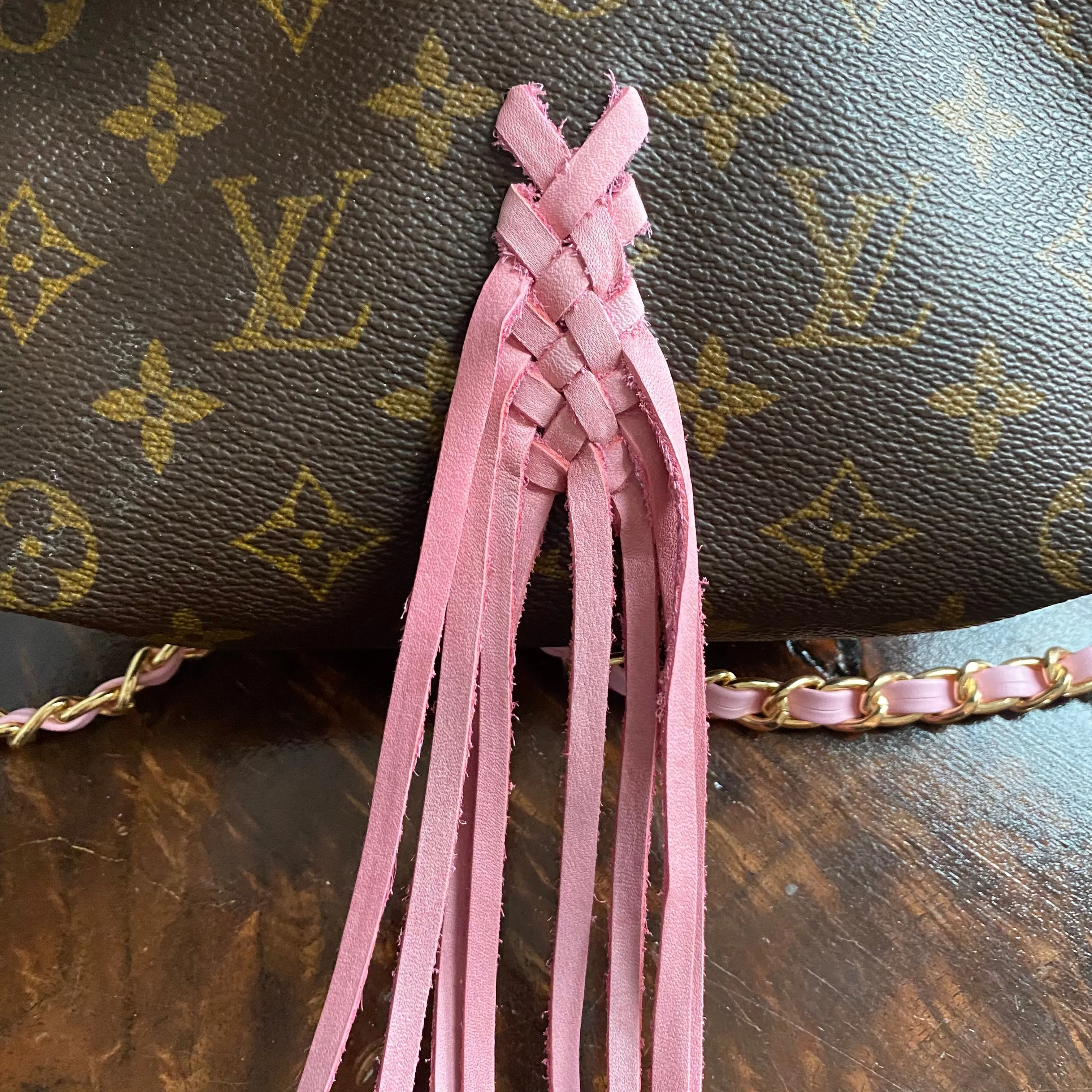 The Junco Crossbody Bag - Vintage Monogram in Pink Fringe