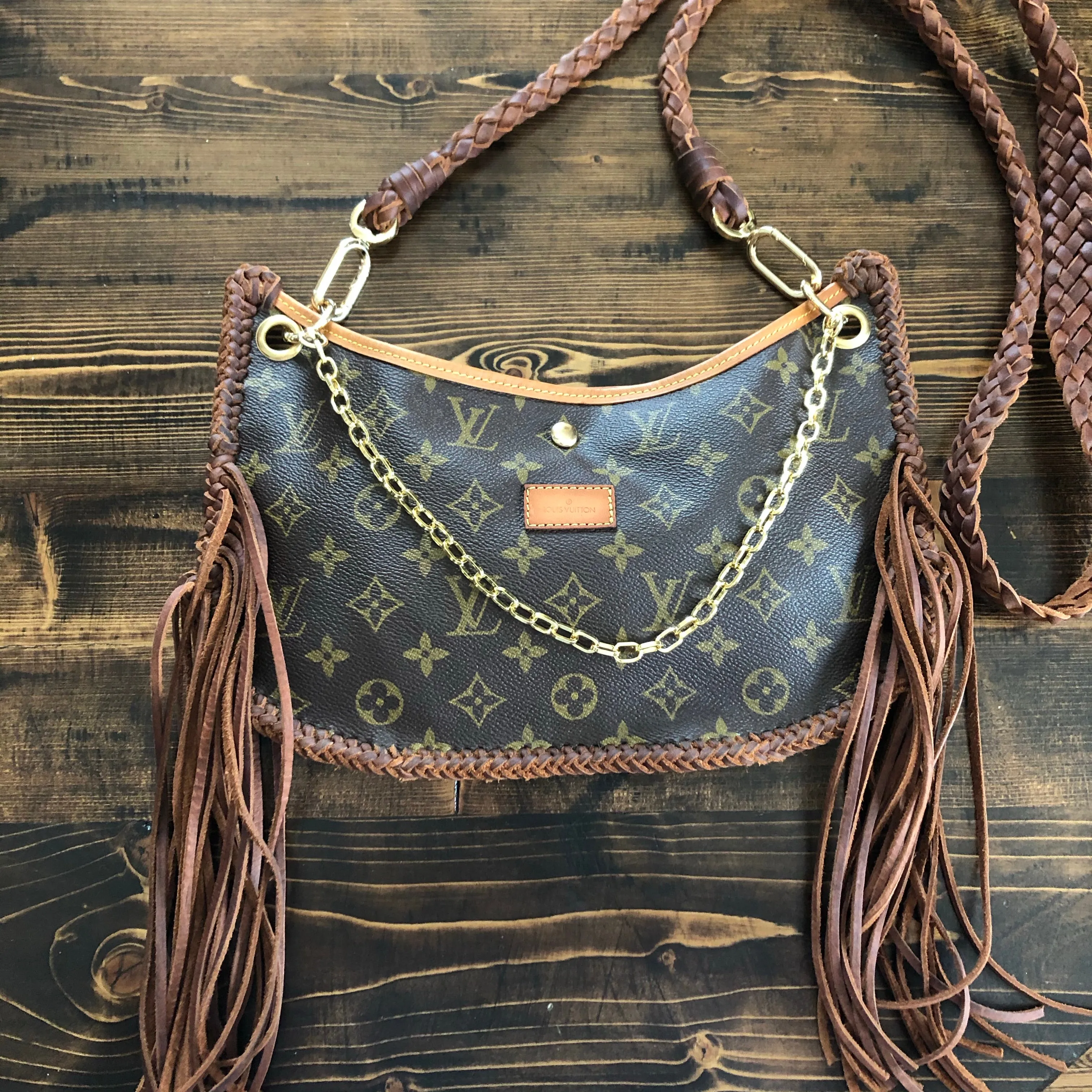 The Peacock - Vintage Monogram Hobo Crossbody/Tote with Fringe