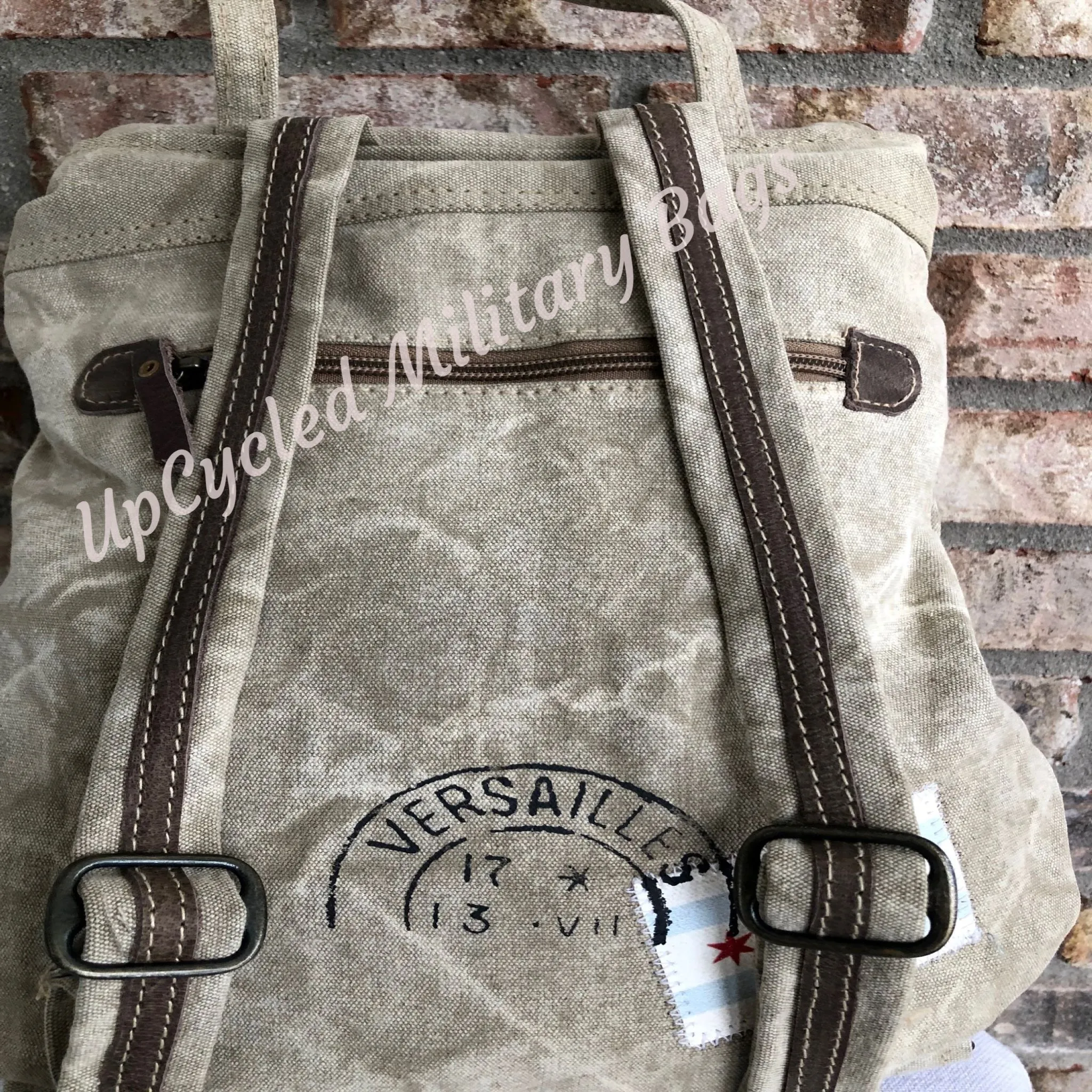 Travel Stamp Medium Size Backpack Sustainable Military Canvas Bag