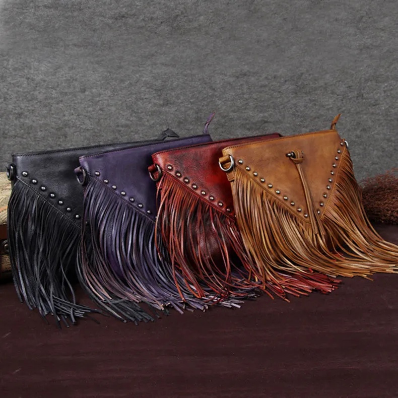 Vintage Boho Leather Fringe Crossbody Bags Purse Shoulder Bag for Women