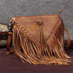 Vintage Boho Leather Fringe Crossbody Bags Purse Shoulder Bag for Women