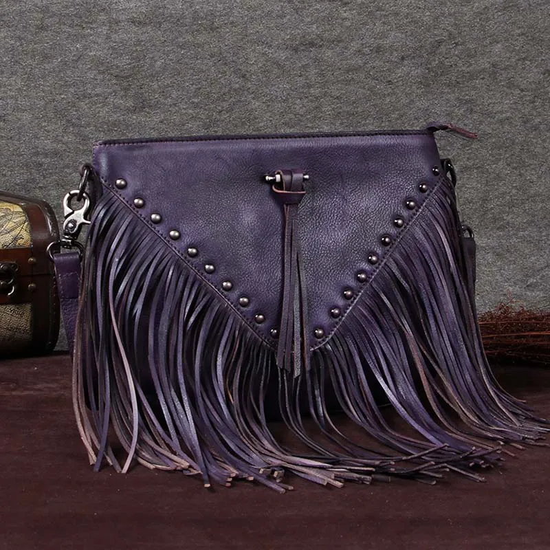 Vintage Boho Leather Fringe Crossbody Bags Purse Shoulder Bag for Women