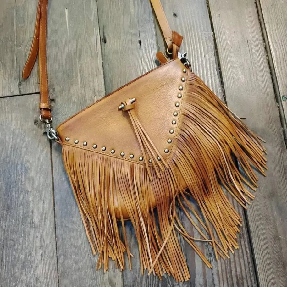 Vintage Boho Leather Fringe Crossbody Bags Purse Shoulder Bag for Women