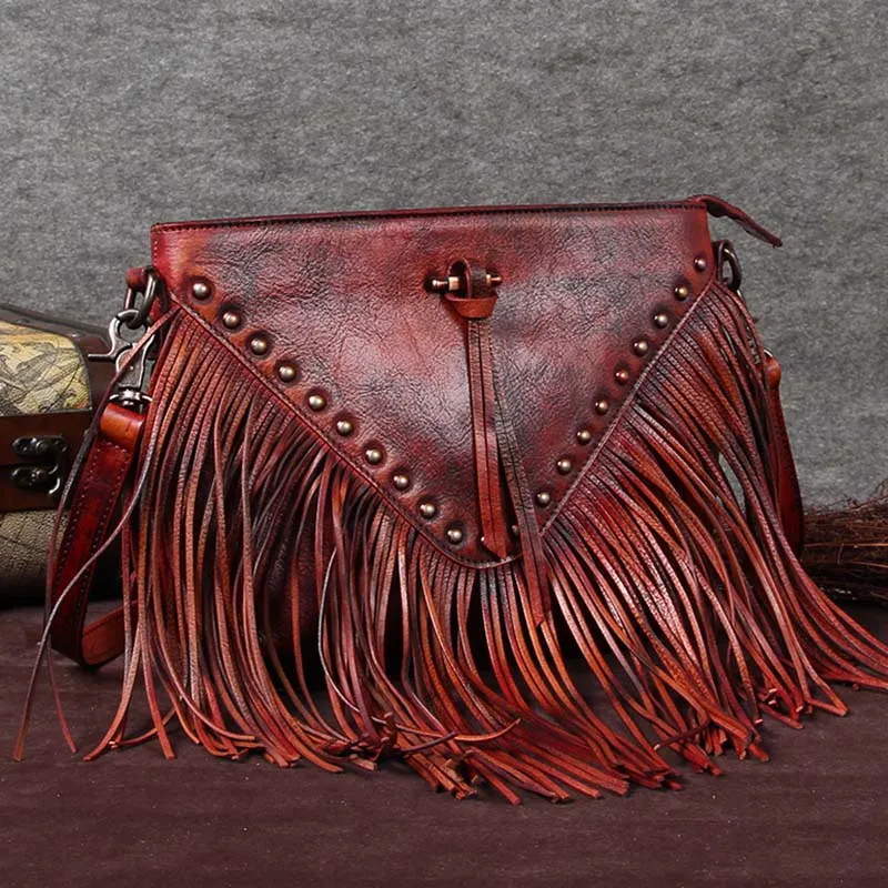 Vintage Boho Leather Fringe Crossbody Bags Purse Shoulder Bag for Women