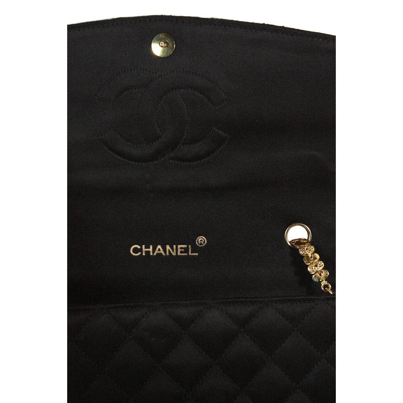 Vintage CHANEL 1990s Gripoix Gold Strap Quilted Black Satin Purse