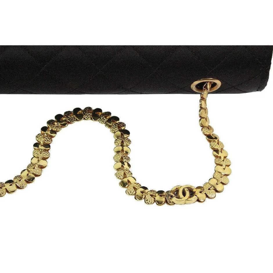 Vintage CHANEL 1990s Gripoix Gold Strap Quilted Black Satin Purse