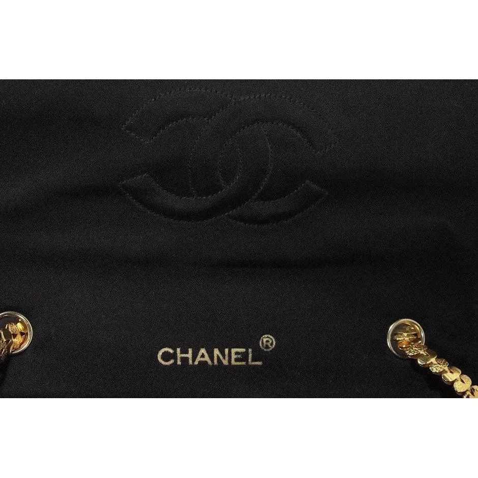 Vintage CHANEL 1990s Gripoix Gold Strap Quilted Black Satin Purse