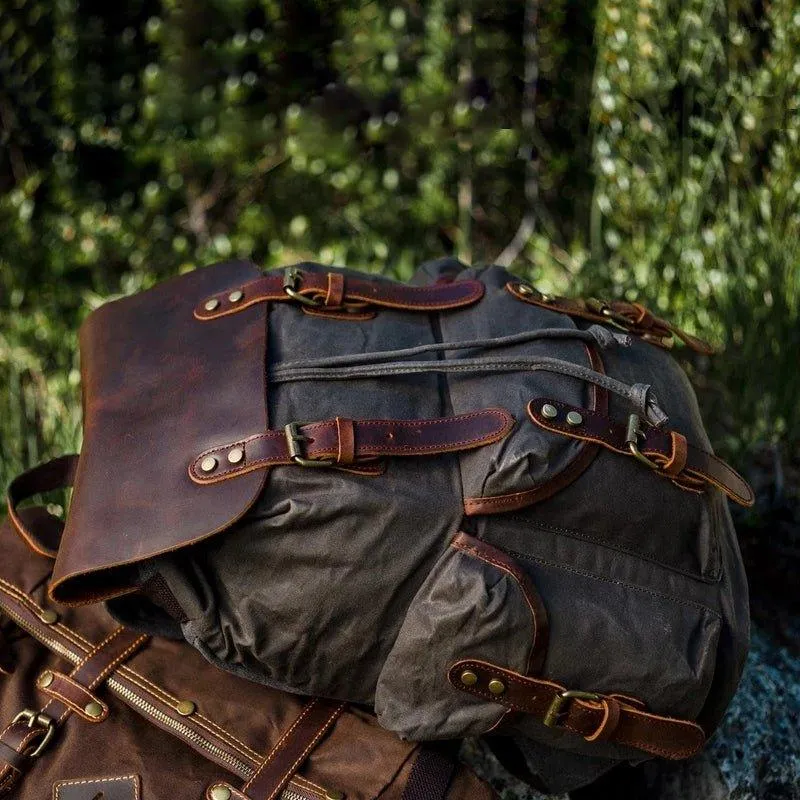 Vintage Waxed Canvas and Leather Backpack Mens-Khaki