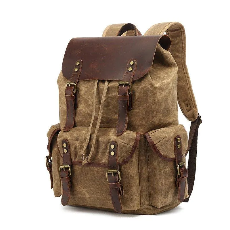 Vintage Waxed Canvas and Leather Backpack Mens-Khaki