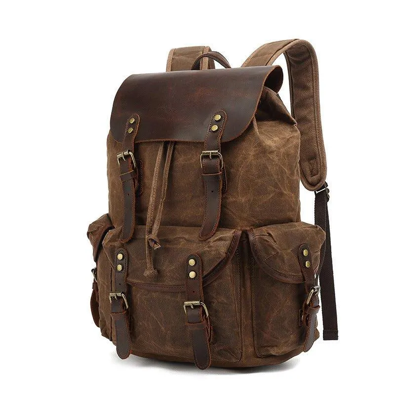 Vintage Waxed Canvas and Leather Backpack Mens-Khaki