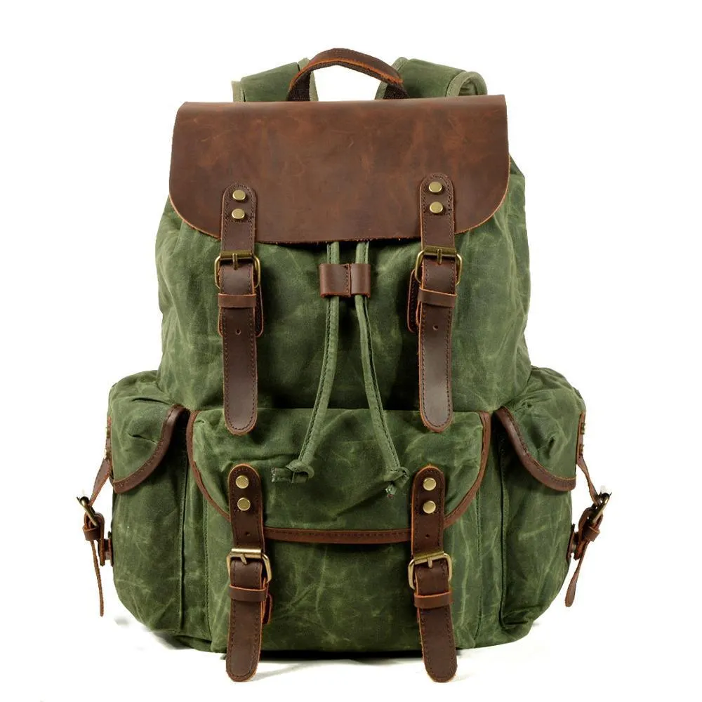 Vintage Waxed Canvas and Leather Backpack Mens-Khaki