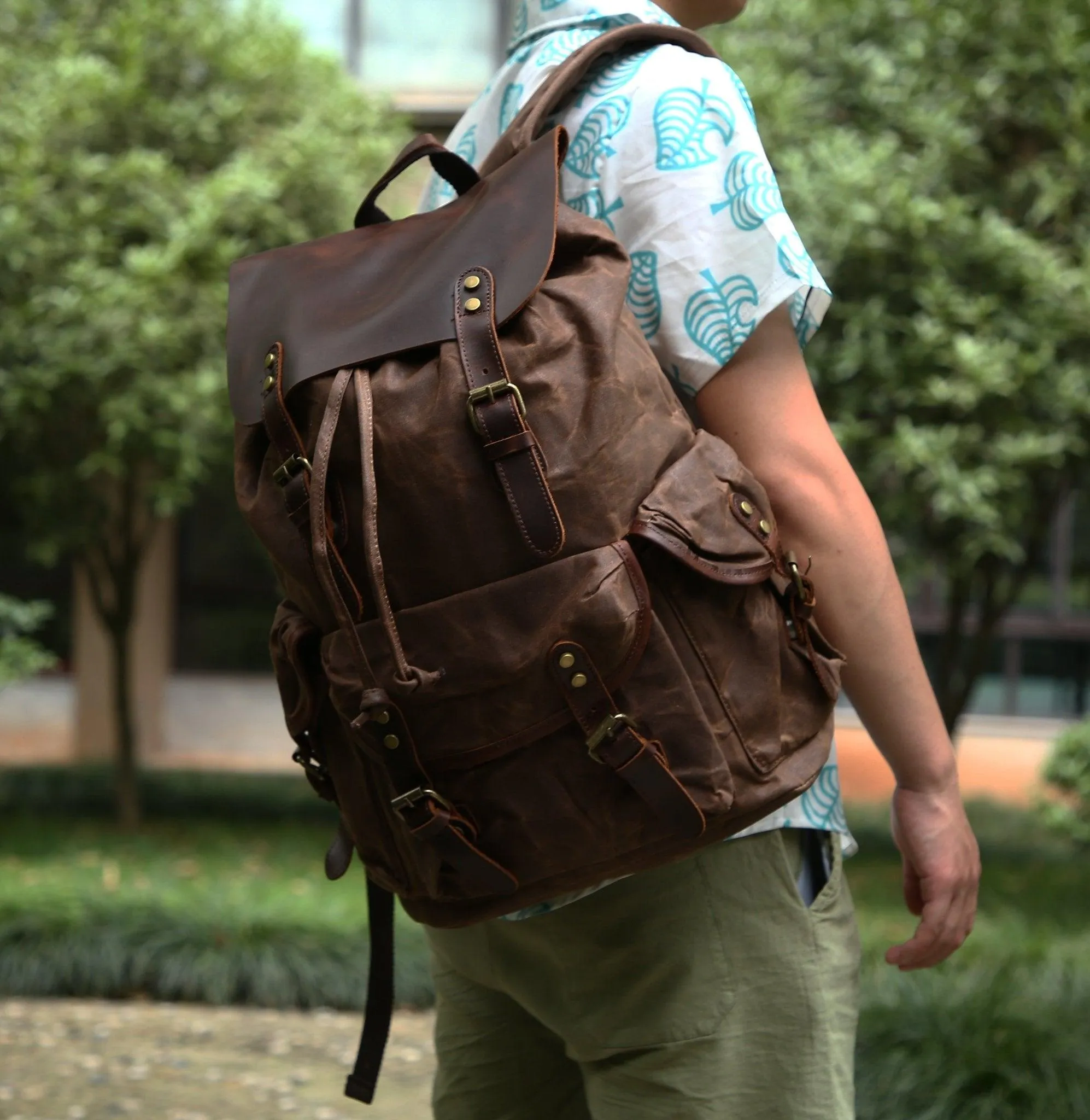 Vintage Waxed Canvas and Leather Backpack Mens-Khaki