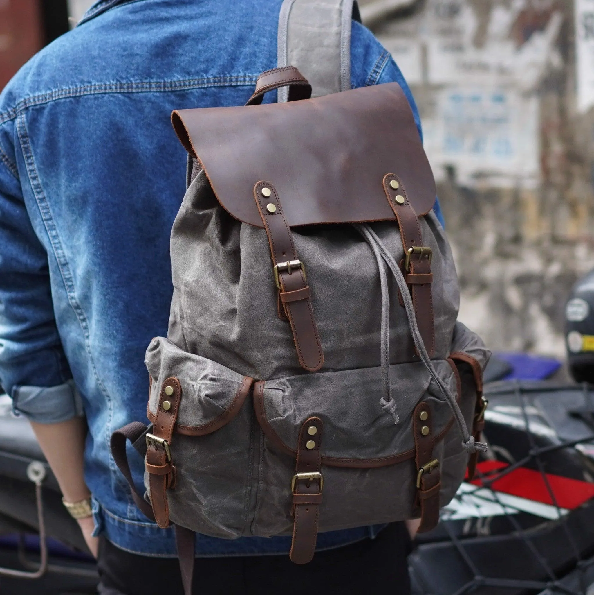 Vintage Waxed Canvas and Leather Backpack Mens-Khaki