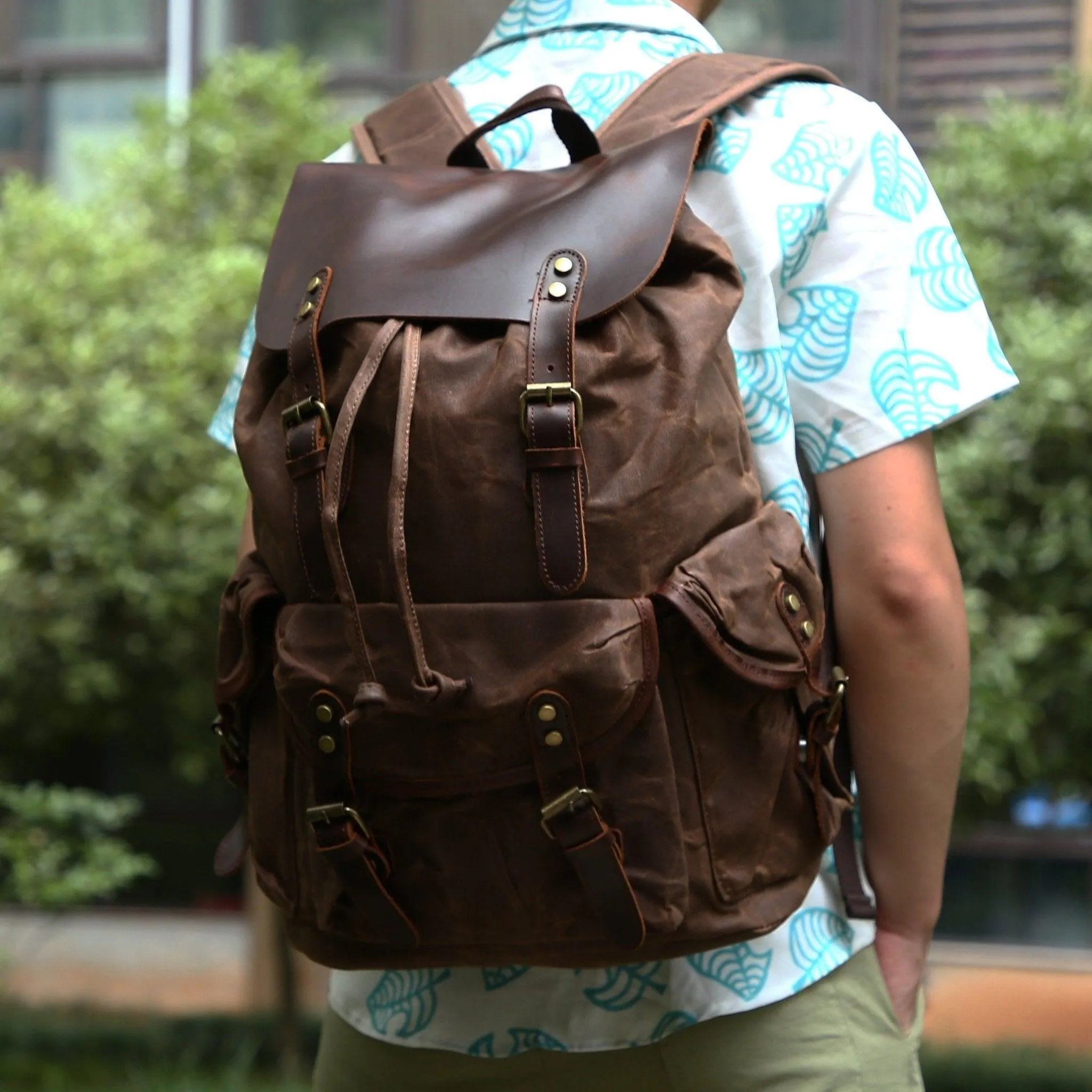 Vintage Waxed Canvas and Leather Backpack Mens-Khaki