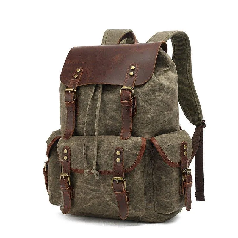 Vintage Waxed Canvas and Leather Backpack Mens-Khaki