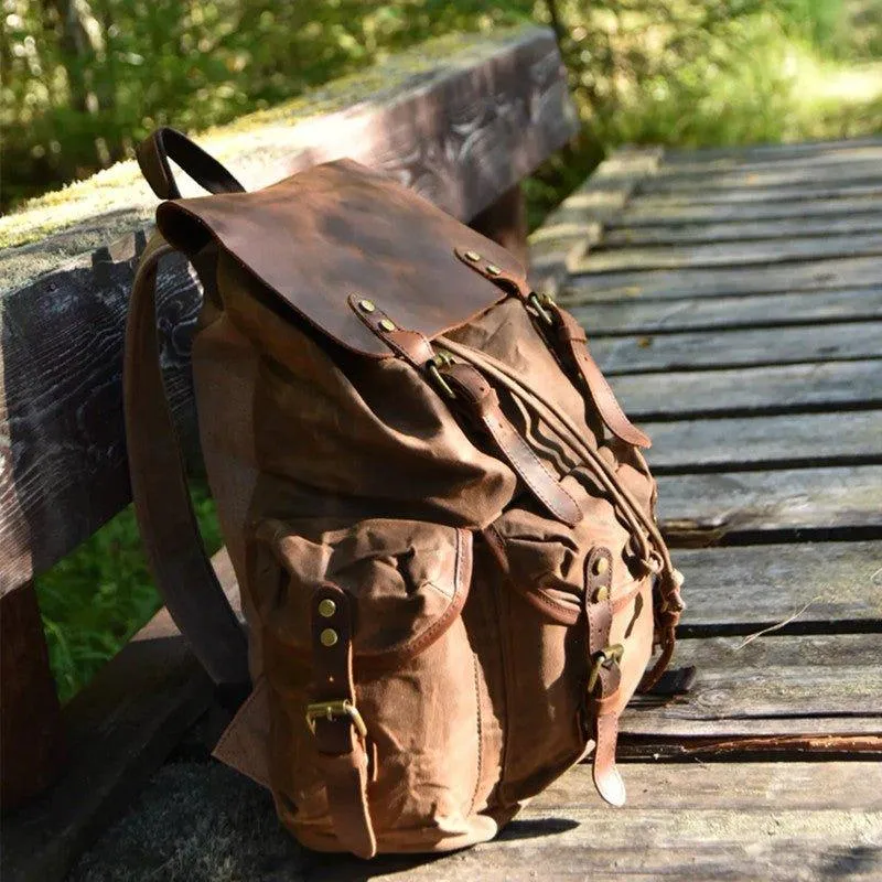 Vintage Waxed Canvas and Leather Backpack Mens-Khaki