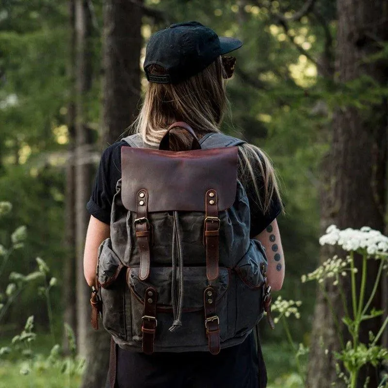 Vintage Waxed Canvas and Leather Backpack Mens-Khaki