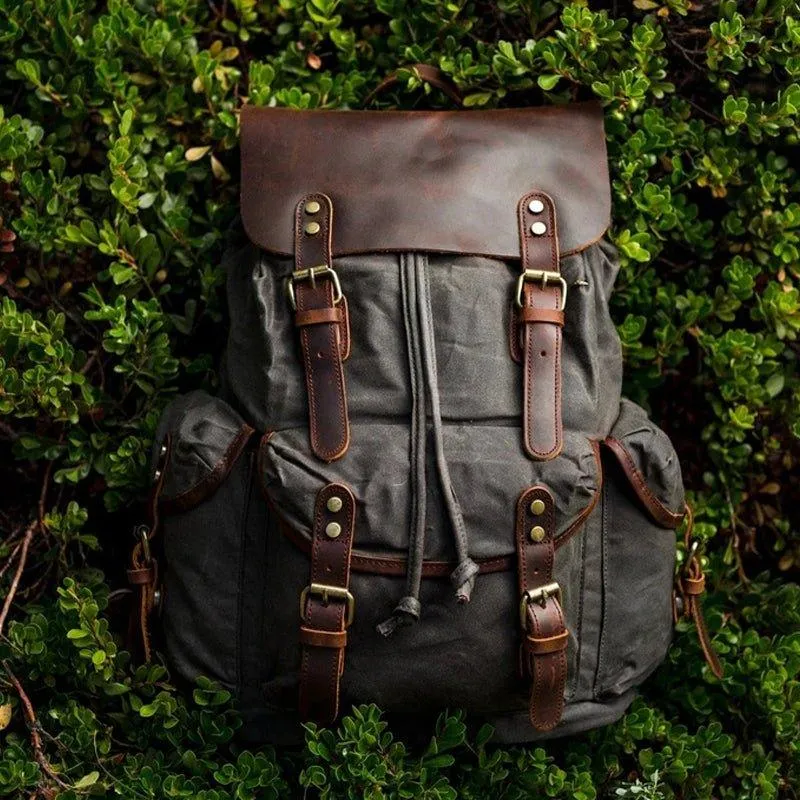 Vintage Waxed Canvas and Leather Backpack Mens-Khaki