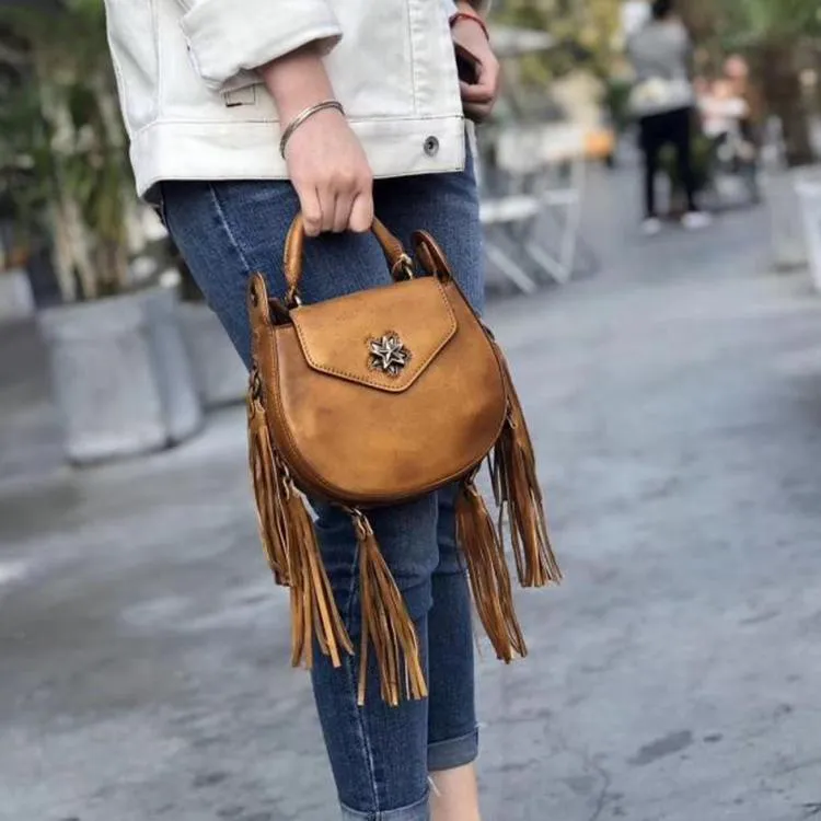 Vintage Womens Leather Fringe Crossbody Handbags Purse Small Shoulder Bag for Women