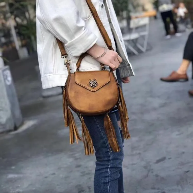 Vintage Womens Leather Fringe Crossbody Handbags Purse Small Shoulder Bag for Women