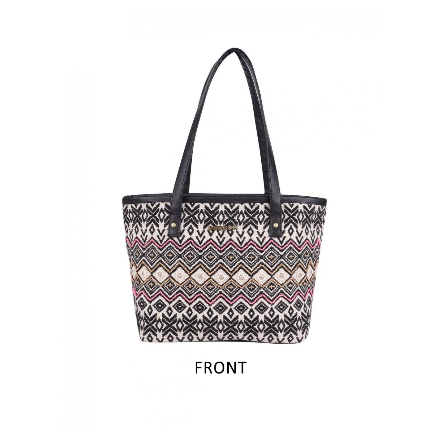 Womens Black Beaded Embroidered Woven Tote Bag