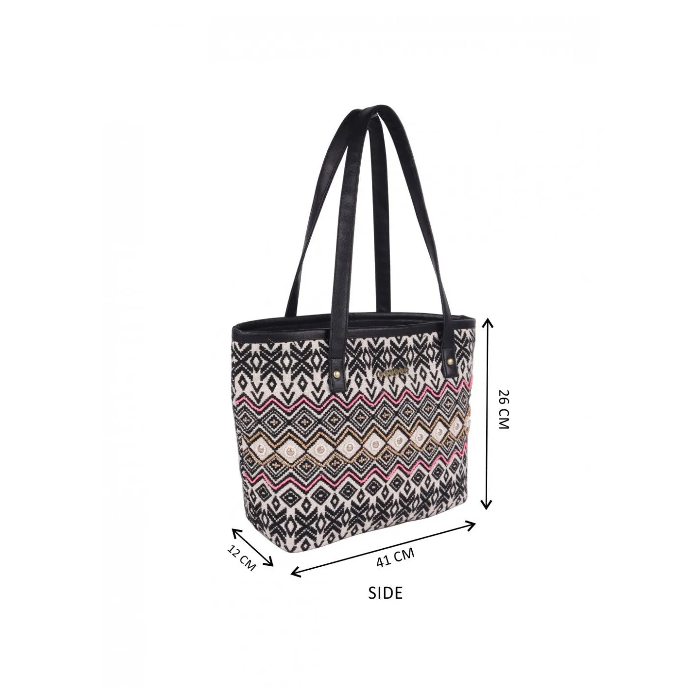 Womens Black Beaded Embroidered Woven Tote Bag