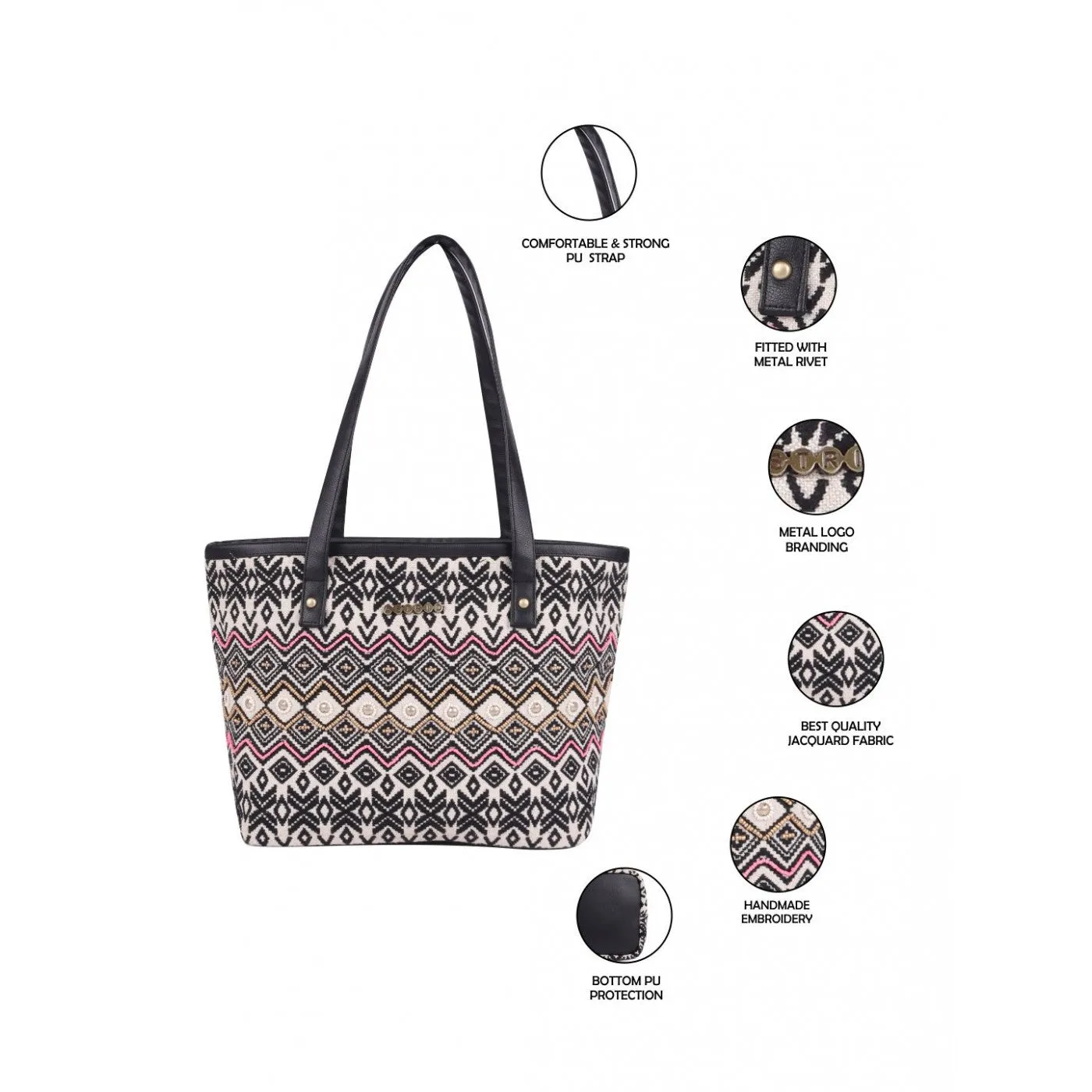 Womens Black Beaded Embroidered Woven Tote Bag