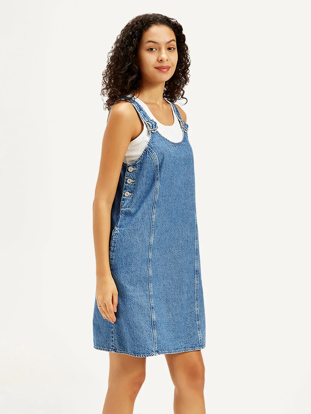 Women's Solid Blue Scoop Neck Denim Dress