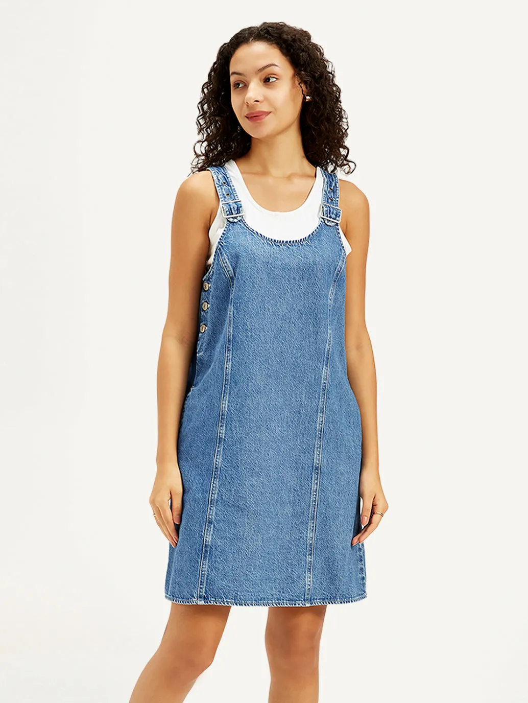 Women's Solid Blue Scoop Neck Denim Dress